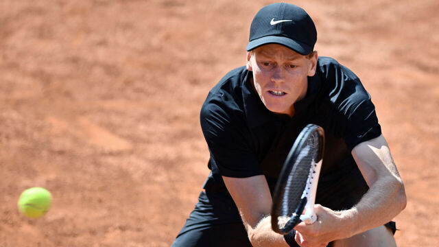 ROME, ITALY - MAY 16: Jannik Sinner of Italy in action against Daniil Medvedev of Russia during day twelve of Internazionali BNL D'Italia at Foro Italico on May 16, 2026 in Rome, Italy.