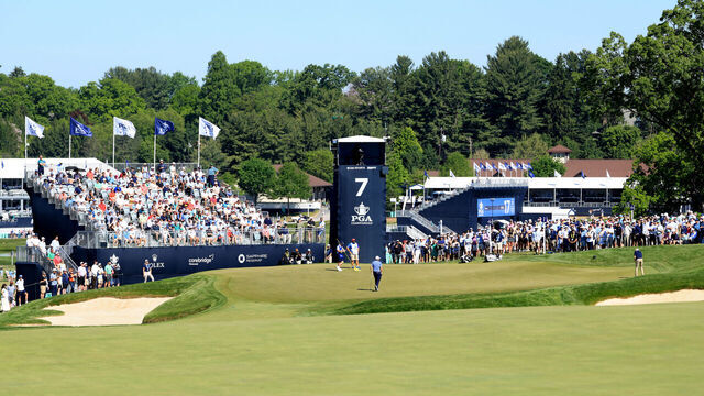 NEWTOWN, PENNSYLVANIA - MAY 16: Shane Lowry of Ireland and Brian Campbell of the United States play the seventh hole during the third round of the PGA Championship at Aronimink Golf Club on May 16, 2026 in Newtown, Pennsylvania.