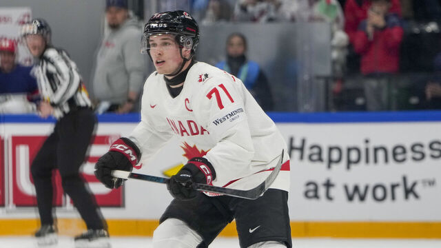 FRIBOURG, SWITZERLAND - MAY 16: Macklin Celebrini of Canada in action during the 2026 IIHF Ice Hockey World Championship Switzerland game between Italy and Canada at BCF Arena on May 16, 2026 in Fribourg, Fribourg.