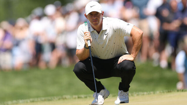 NEWTOWN, PENNSYLVANIA - MAY 16: Rory McIlroy of Northern Ireland looks over a putt on the third hole during the third round of the PGA Championship at Aronimink Golf Club on May 16, 2026 in Newtown, Pennsylvania.