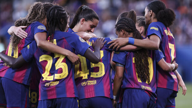 SANT JOAN DESPI, SPAIN - MAY 06: Carla Julia of FC Barcelona celebrates a goal with teammates during the Spanish Women league, Liga F, football match played between FC Barcelona and Levante UD at Johan Cruyff Stadium on May 06, 2026 in Sant Joan Despi, Barcelona.