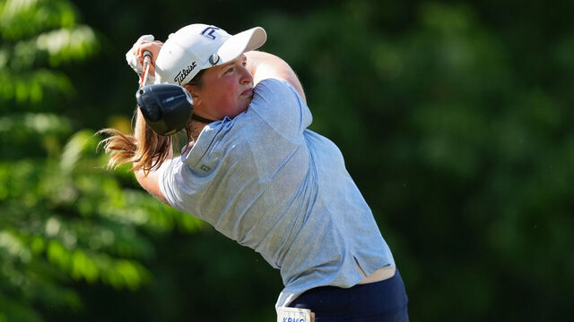 CINCINNATI, OHIO - MAY 16: Lottie Woad of England plays a shot from the seventh tee during the third round of the Kroger Queen City Championship presented by P&G 2026 at Maketewah Country Club on May 16, 2026 in Cincinnati, Ohio.
