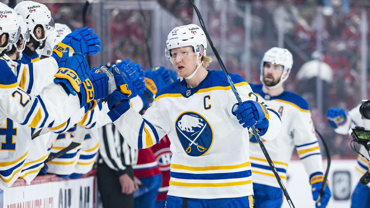 MONTREAL, CANADA- MAY 16: Rasmus Dahlin #26 of the Buffalo Sabres celebrates after scoring a goal during the first period of Game Six of the Second Round of the 2026 Stanley Cup Playoffs between the Montreal Canadiens and the Buffalo Sabres at the Bell Centre on May 16, 2026 in Montreal, Quebec, Canada.