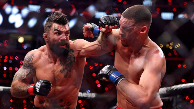 INGLEWOOD, CALIFORNIA - MAY 16: Mike Perry strikes Nate Diaz in their welterweight bout during the main card of Netflix's Ronda Rousey vs. Gina Carano at Intuit Dome on May 16, 2026 in Inglewood, California.