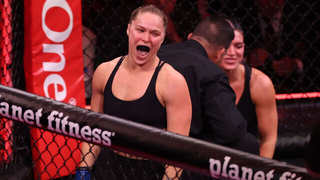 US Mixed Martial Arts (MMA) fighter Ronda Rousey reacts after defeating Gina Carano during their Featherweight Bout at the Intuit Dome in Inglewood, California, on May 16, 2026.