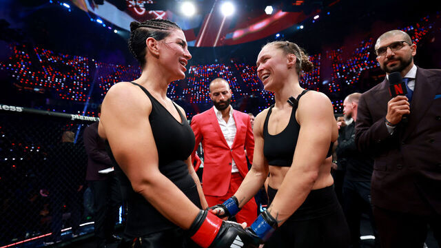 INGLEWOOD, CALIFORNIA - MAY 16: Ronda Rousey and Gina Carano embrace after their featherweight bout during the main card of Netflix's Ronda Rousey vs. Gina Carano at Intuit Dome on May 16, 2026 in Inglewood, California.