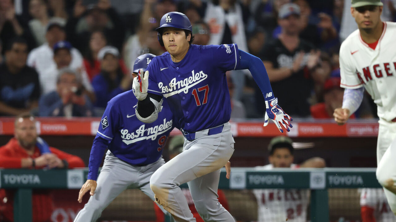 ANAHEIM, CALIFORNIA - MAY 16: Shohei Ohtani #17 rounds third base after connecting for a three run inside the park homerun during the eighth inning of a game against the Los Angeles Angels at Angel Stadium of Anaheim on May 16, 2026 in Anaheim, California.
