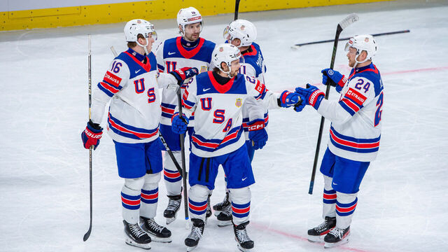 ZURICH, SWITZERLAND - MAY 17: Isaac Howard #22 of United States celebrates his goal with teammates during the 2026 IIHF Ice Hockey World Championship Switzerland game between Great Britain and USA at Swiss Life Arena on May 17, 2026 in Zurich, Switzerland.