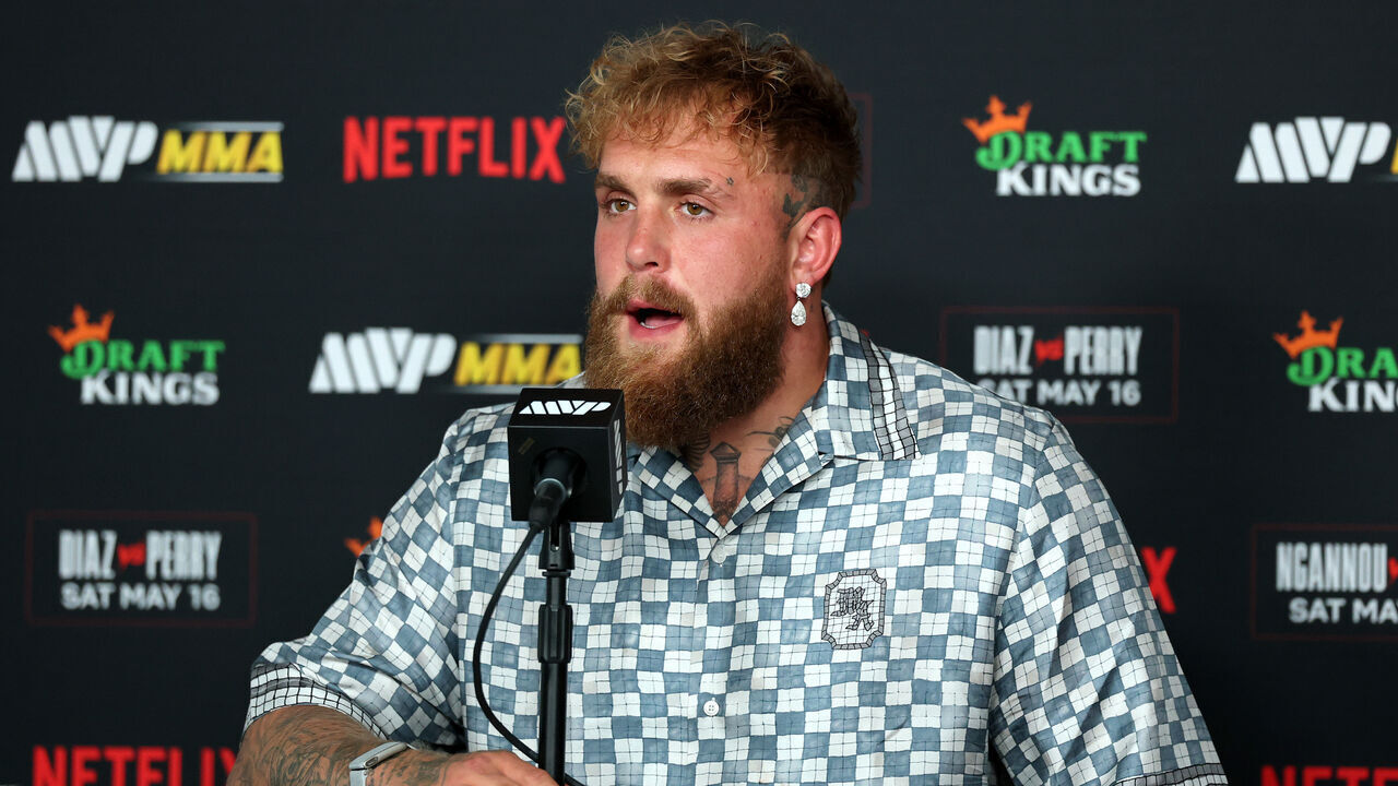 INGLEWOOD, CALIFORNIA - MAY 16: Jake Paul speaks to the media after the main card of Netflix's Ronda Rousey vs. Gina Carano at Intuit Dome on May 16, 2026 in Inglewood, California.