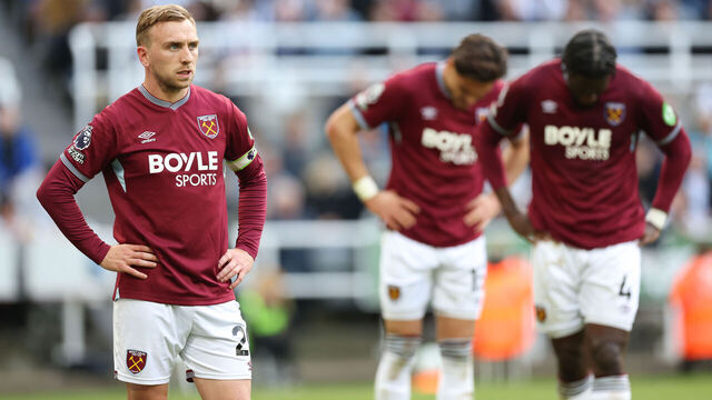 NEWCASTLE UPON TYNE, ENGLAND - MAY 17: Dejection for West Ham United's Jarrod Bowen during the Premier League match between Newcastle United and West Ham United at St James' Park on May 17, 2026 in Newcastle upon Tyne, United Kingdom.