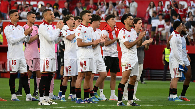 Sevilla players acknowledge fans at the end of the Spanish league football match between Sevilla FC and Real Madrid CF at the Sanchez Pizjuan stadium in Seville on May 17, 2026.