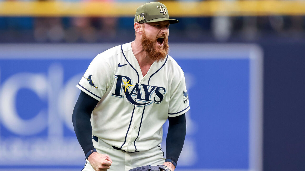 ST. PETERSBURG, FL - MAY 17: Bryan Baker #47 of the Tampa Bay Rays reacts after the final out of his save against the Miami Marlins during the ninth inning of the baseball game at Tropicana Field on May 17, 2026 in St. Petersburg, Florida.