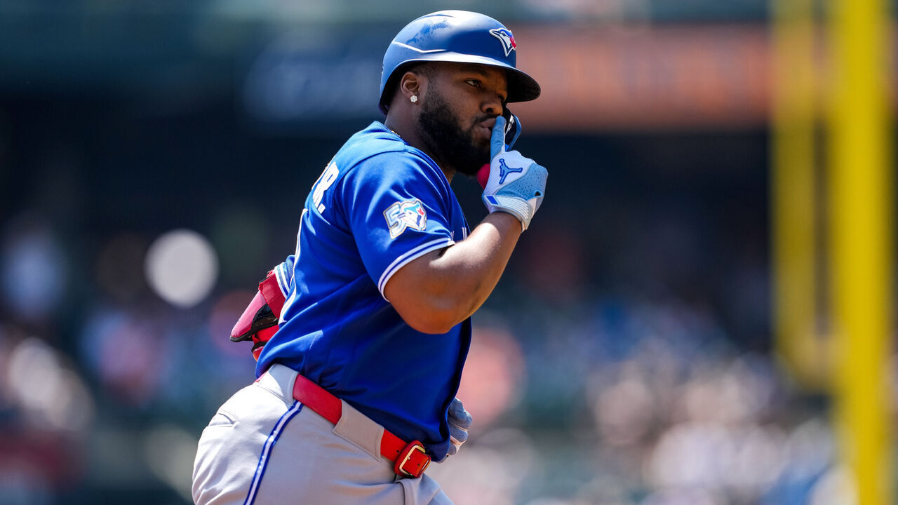 DETROIT, MICHIGAN - MAY 17: Vladimir Guerrero Jr. #27 of the Toronto Blue Jays reacts after hitting a solo home run against the Detroit Tigers during the top of the first inning at Comerica Park on May 17, 2026 in Detroit, Michigan.