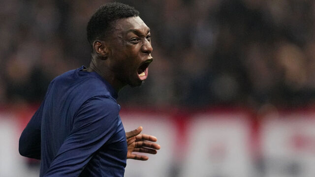 Paris FC's French forward #07 Alimami Gory celebrates after scoring Paris FC's second goal during the French L1 football match between Paris FC and Paris Saint-Germain (PSG) at the Stade Jean-Bouin in Paris on May 17, 2026.