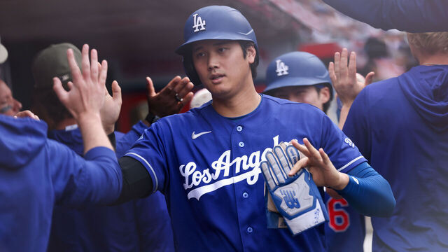 ANAHEIM, CA - MAY 17: Shohei Ohtani #17 of the Los Angeles Dodgers celebrates with teammates in the dugout after scoring in the fourth inning during the game between the Los Angeles Dodgers and the Los Angeles Angels at Angel Stadium of Anaheim on Sunday, May 17, 2026 in Anaheim, California.