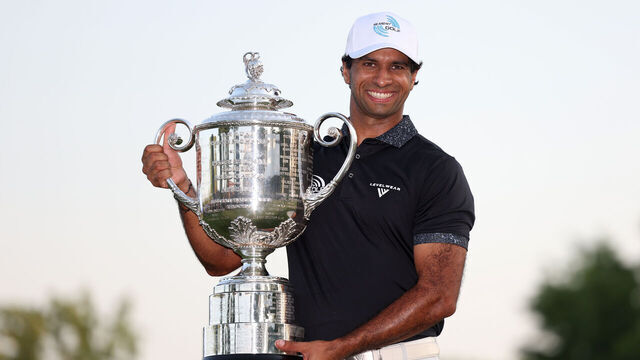 NEWTOWN, PENNSYLVANIA - MAY 17: Aaron Rai of England celebrates with The Wanamaker Trophy after winning the 2026 PGA Championship at Aronimink Golf Club on May 17, 2026 in Newtown, Pennsylvania.