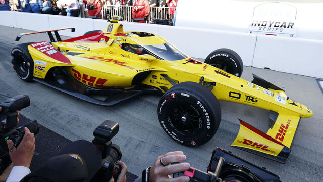 INDIANAPOLIS, IN - MAY 17: Alex Palou (10) Chip Ganassi Racing Honda pull in to the Pit box as just won the pole during the NTT IndyCar Series PPG Armed Forces Qualifying - Day 2 at Indianapolis Motor Speedway in Indianapolis, IN.