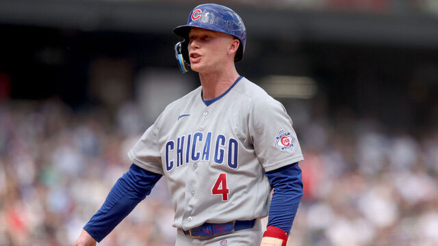 CHICAGO, ILLINOIS - MAY 17: Pete Crow-Armstrong #4 of the Chicago Cubs reacts after getting hit by a pitch in the eighth inning against the Chicago White Sox at Rate Field on May 17, 2026 in Chicago, Illinois.