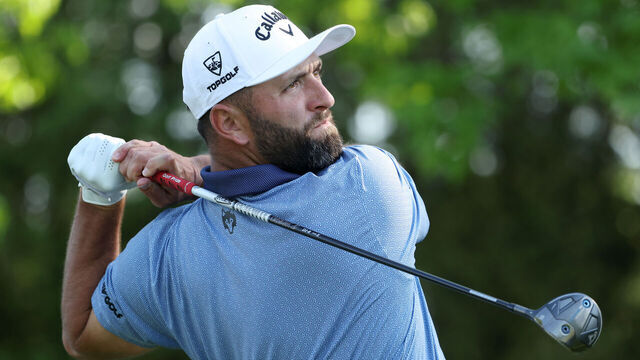 NEWTOWN, PENNSYLVANIA - MAY 17: Jon Rahm of Spain plays his shot from the 13th tee during the final round of the PGA Championship at Aronimink Golf Club on May 17, 2026 in Newtown, Pennsylvania.