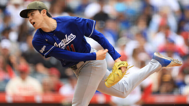 ANAHEIM, CALIFORNIA - MAY 17: Roki Sasaki #11 of the Los Angeles Dodgers pitches during the fourth inning of a game against the Los Angeles Angels at Angel Stadium of Anaheim on May 17, 2026 in Anaheim, California.
