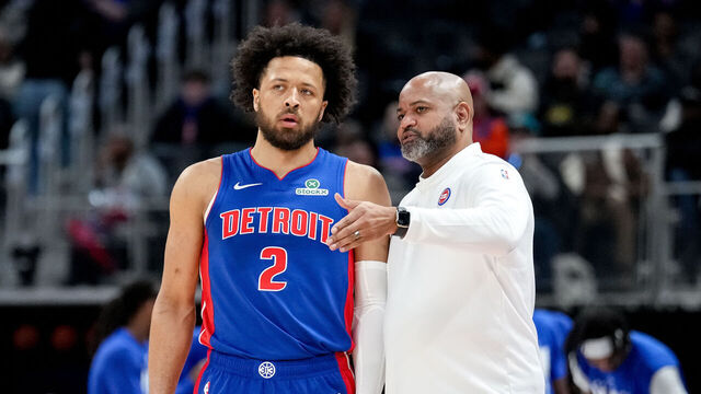 DETROIT, MICHIGAN - FEBRUARY 03: Cade Cunningham #2 talks with head coach J.B. Bickerstaff of the Detroit Pistons against the Denver Nuggets at Little Caesars Arena on February 03, 2026 in Detroit, Michigan.