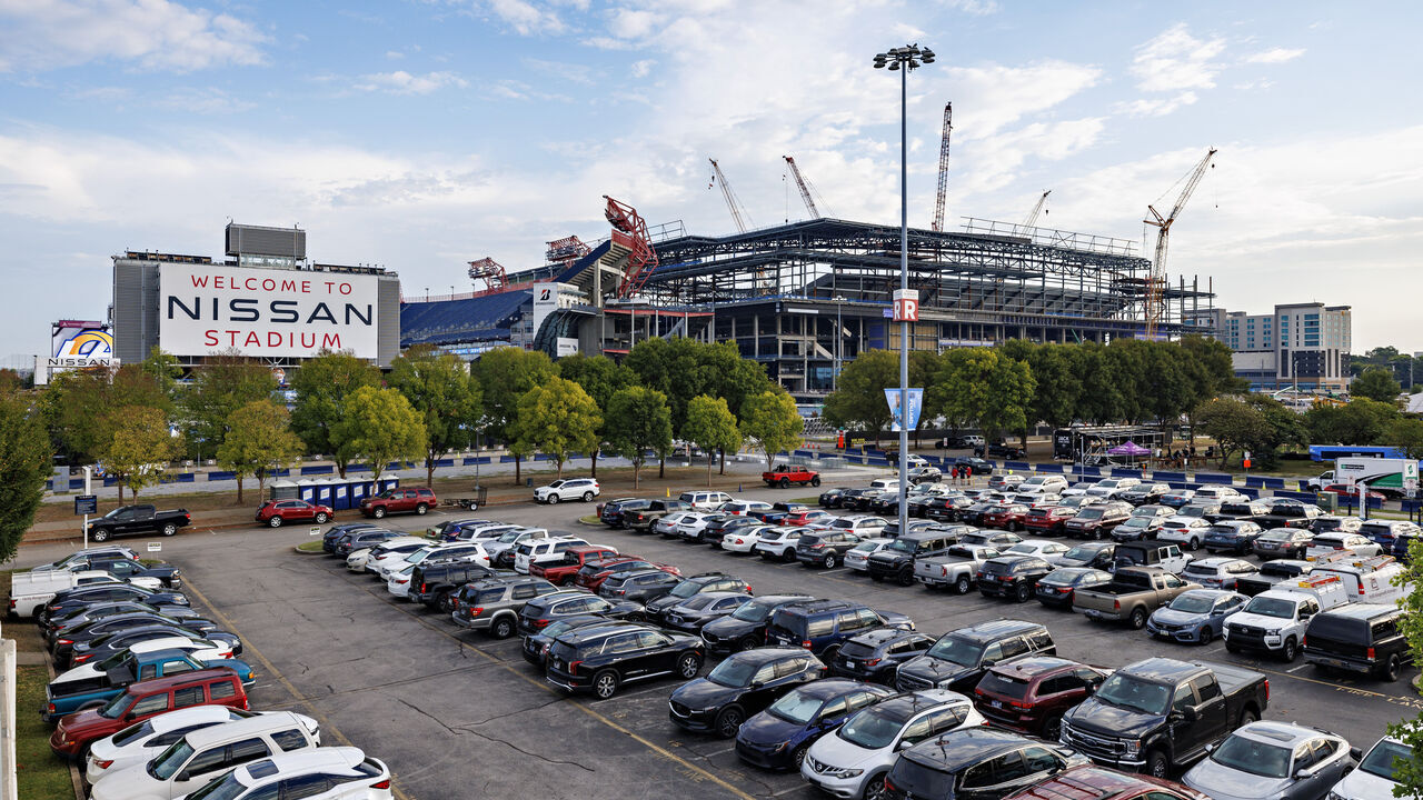 NASHVILLE, TENNESSEE - SEPTEMBER 14: Exterior of the new Nissan Stadium with dome being built next to the old stadium before the NFL 2025 game between Los Angeles Rams and Tennessee Titans at Nissan Stadium on September 14, 2025 in Nashville, Tennessee. The Rams defeated the Titans 33-19.
