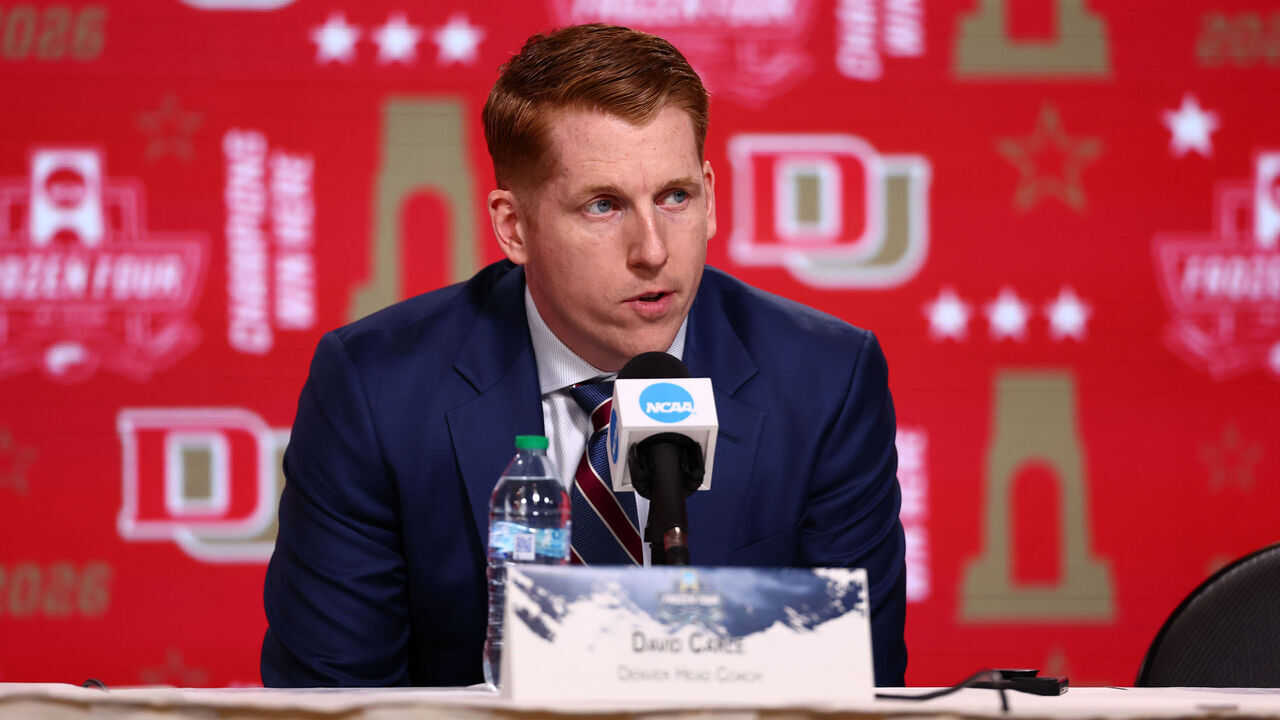 LAS VEGAS, NEVADA - APRIL 11: Head coach David Carle of the Denver Pioneers during a press conference after a double overtime win over the Michigan Wolverines during the Division I Men's Ice Hockey Championship held at T-Mobile Arena on April 11, 2026 in Las Vegas, Nevada.
