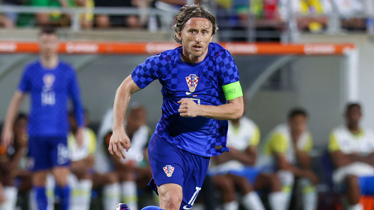 ORLANDO, FLORIDA - MARCH 31: Luka Modric #10 of Croatia sprints during a match against Brazil at Camping World Stadium on March 31, 2026 in Orlando, Florida.