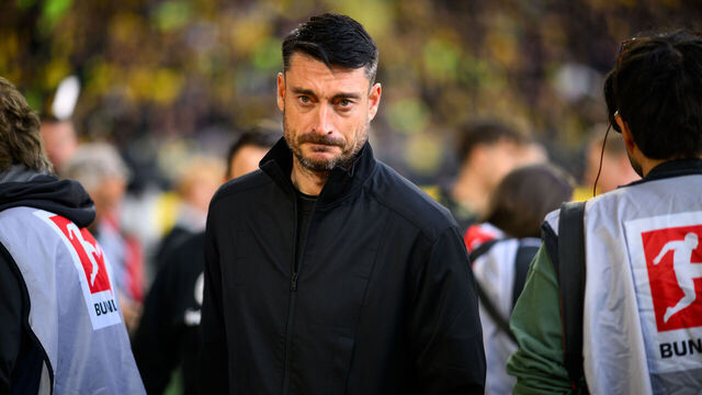 DORTMUND, GERMANY - MAY 8: Albert Riera, head coach of Eintracht Frankfurt during the Bundesliga match between Borussia Dortmund and Eintracht Frankfurt at Signal Iduna Park on May 8, 2026 in Dortmund, Germany.
