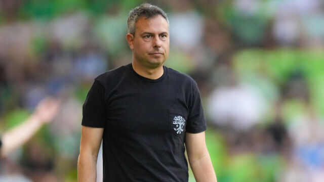 AUSTIN, TEXAS - MAY 16: Coach Nico Estevez of Austin FC looks on in the first half during a match between Austin FC and Sporting Kansas City at Q2 Stadium on May 16, 2026 in Austin, Texas.