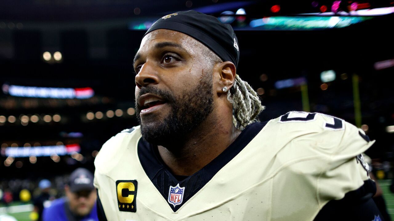 NEW ORLEANS, LOUISIANA - DECEMBER 21: Cameron Jordan #94 of the New Orleans Saints reacts after his team's 29-6 victory against the New York Jets at Caesars Superdome on December 21, 2025 in New Orleans, Louisiana.