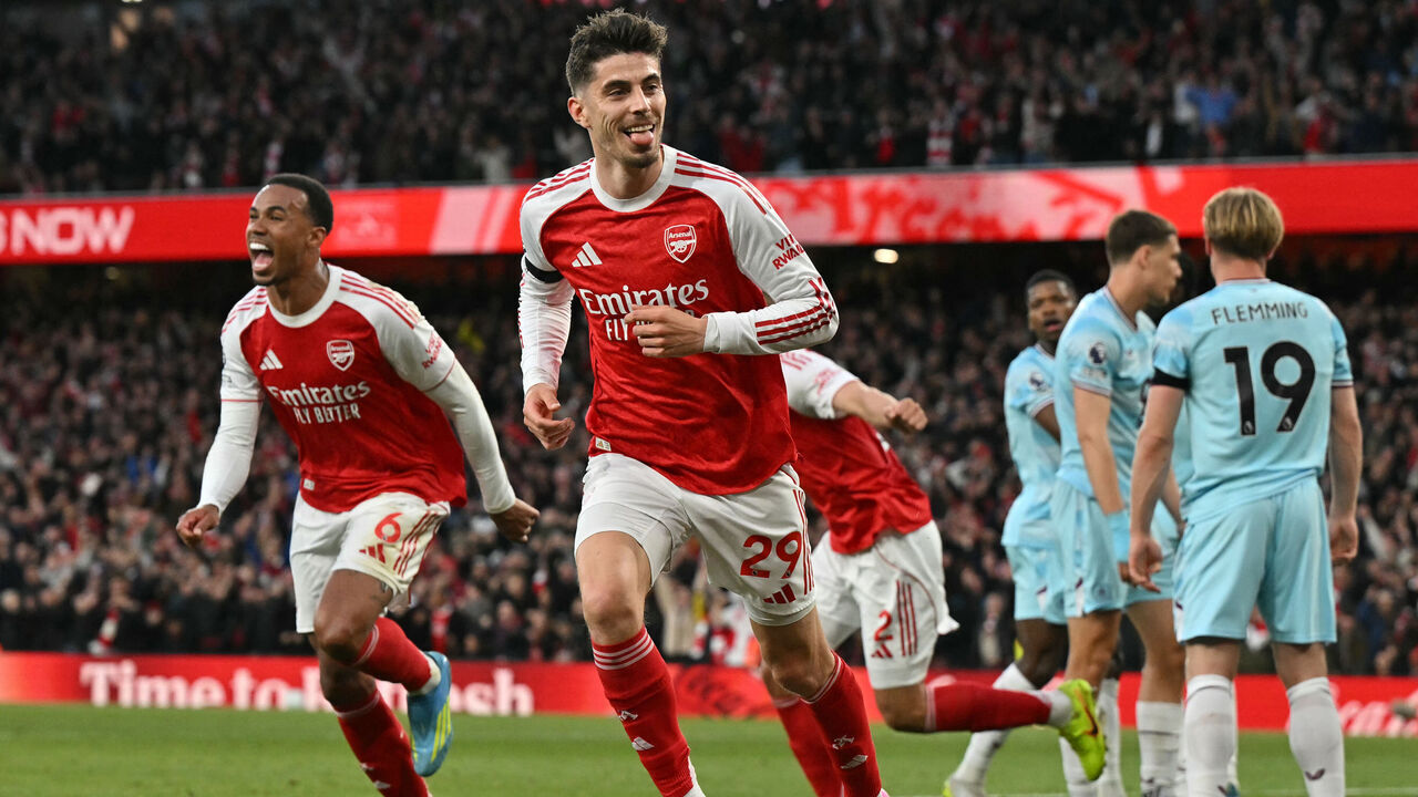 Arsenal's German midfielder #29 Kai Havertz celebrates scoring the opening goal during the English Premier League football match between Arsenal and Burnley at the Emirates Stadium in London on May 18, 2026. / RESTRICTED TO EDITORIAL USE. No use with unauthorized audio, video, data, fixture lists, club/league logos or 'live' services. Online in-match use limited to 120 images. An additional 40 images may be used in extra time. No video emulation. Social media in-match use limited to 120 images. An additional 40 images may be used in extra time. No use in betting publications, games or single club/league/player publications. /