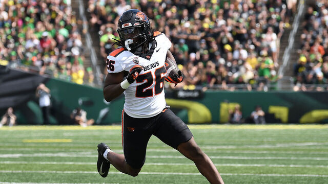 EUGENE, OR - SEPTEMBER 20: Oregon State Beavers running back Salahadin Allah (26) runs the ball during the college football between the Oregon Ducks and Oregon State Beavers on September 20, 2025 at Autzen Stadium in Eugene, Oregon.