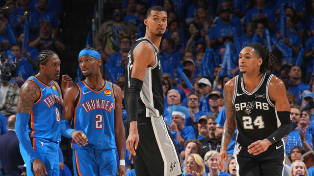 OKLAHOMA CITY, OK - MAY 18: Jalen Williams #8, Shai Gilgeous-Alexander #2 of the Oklahoma City Thunder , Victor Wembanyama #1 and Devin Vassell #24 of the San Antonio Spurs look on during Game One of the NBA Western Conference Finals on May 18, 2026 at Paycom Center in Oklahoma City, Oklahoma. Mandatory Copyright Notice: Copyright 2026 NBAE