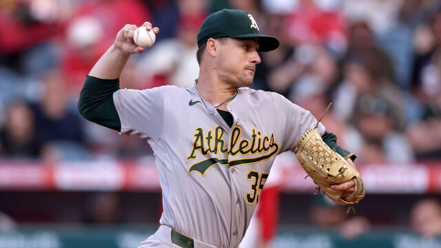 ANAHEIM, CALIFORNIA - MAY 18: J.T. Ginn #35 of the Athletics pitches during the first inning against the Los Angeles Angels at Angel Stadium of Anaheim on May 18, 2026 in Anaheim, California.
