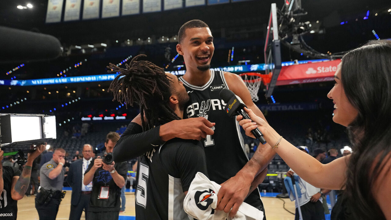 OKLAHOMA CITY, OK - MAY 18: Stephon Castle #5 and Victor Wembanyama #1 of the San Antonio Spurs celebrate after the game against the Oklahoma City Thunder during Game One of the NBA Western Conference Finals on May 18, 2026 at Paycom Center in Oklahoma City, Oklahoma. Mandatory Copyright Notice: Copyright 2026 NBAE