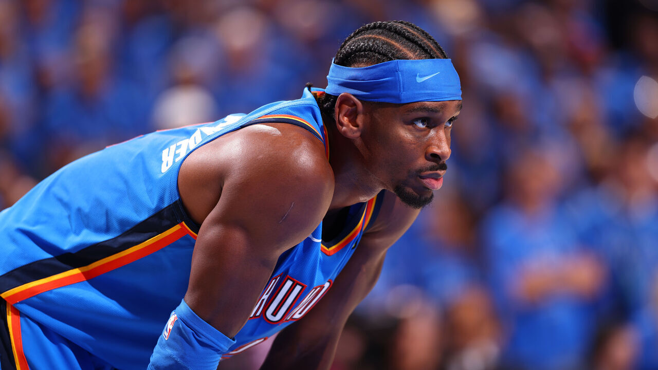 OKLAHOMA CITY, OK - MAY 18: Shai Gilgeous-Alexander #2 of the Oklahoma City Thunder looks on during the game against the San Antonio Spurs during Game One of the 2026 NBA Western Conference Finals on May 18, 2026 at Paycom Center in Oklahoma City, Oklahoma. Mandatory Copyright Notice: Copyright 2026 NBAE