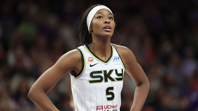 PHOENIX, ARIZONA - MAY 15: Rickea Jackson #5 of the Chicago Sky reacts during the second half of the WNBA game at Mortgage Matchup Center on May 15, 2026 in Phoenix, Arizona. The Mercury defeated the Sky 91-83.