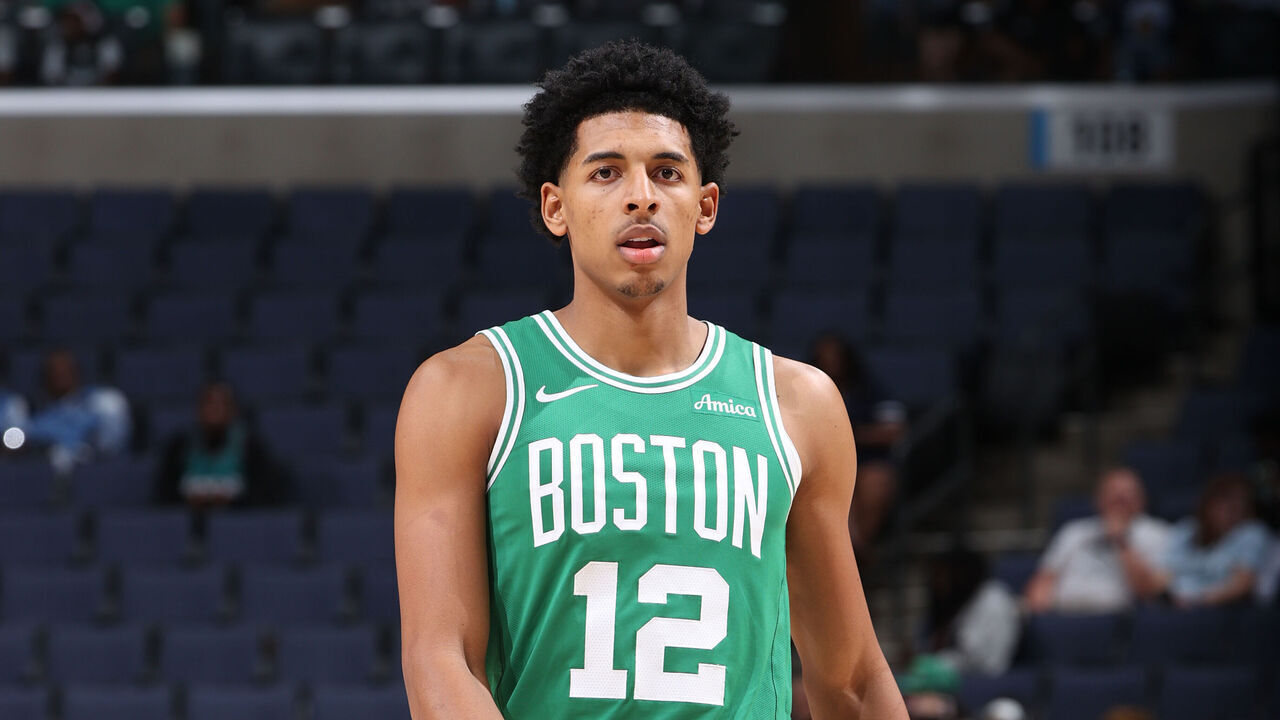 MEMPHIS, TN - OCTOBER 08: RJ Luis Jr. #12 of the Boston Celtics during the game against the Memphis Grizzlies during a preseason game on October 08, 2025 at FedExForum in Memphis, Tennessee. Mandatory Copyright Notice: Copyright 2025 NBAE