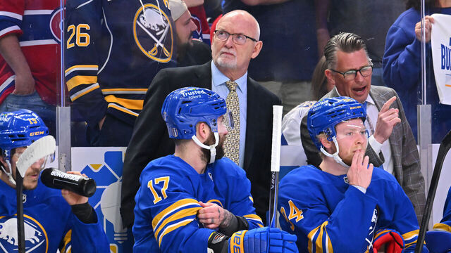 BUFFALO, NEW YORK - MAY 18: Head coach Lindy Ruff of the Buffalo Sabres looks on during the second period against the Montréal Canadiens in Game Seven of the Second Round of the 2026 Stanley Cup Playoffs at KeyBank Center on May 18, 2026 in Buffalo, New York.