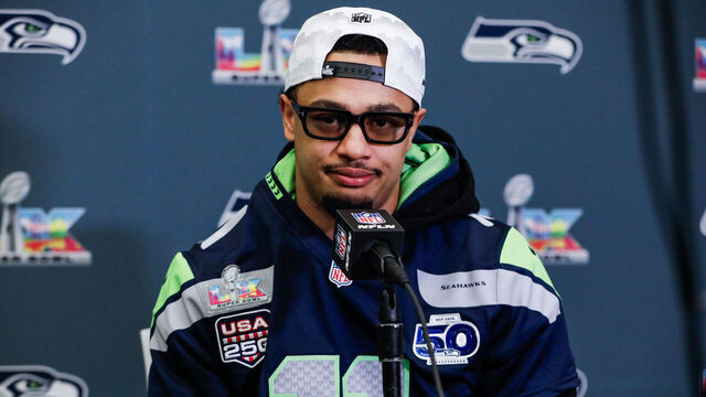 Jaxon Smith-Njigba of the Seattle Seahawks during a press conference in San Jose, California. Picture date: Wednesday February 4, 2026.