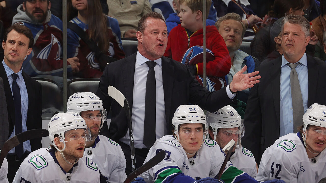 DENVER, COLORADO - APRIL 01: Head coach Adam Foote of the Vancouver Canucks talks during the second period against the Colorado Avalanche at Ball Arena on April 1, 2026 in Denver, Colorado.