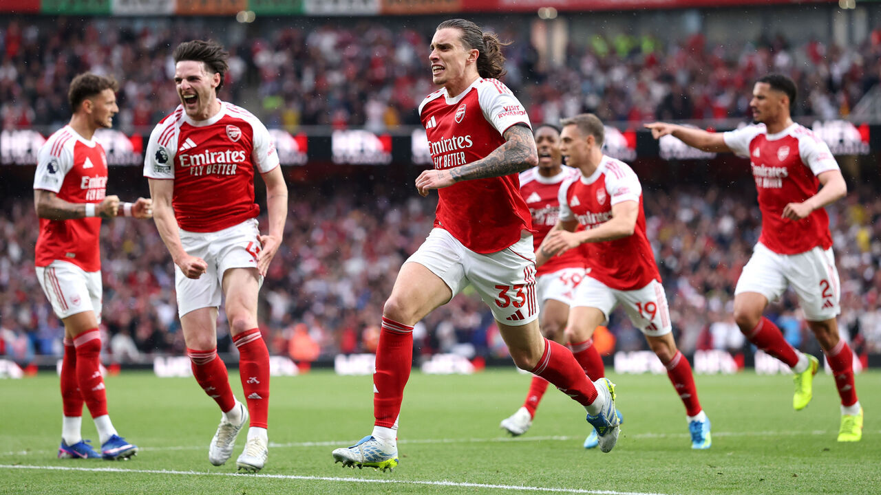 LONDON, ENGLAND - MAY 02: Riccardo Calafiori of Arsenal celebrates after scoring a goal which was later ruled out for offside during the Premier League match between Arsenal and Fulham at Emirates Stadium on May 02, 2026 in London, England.