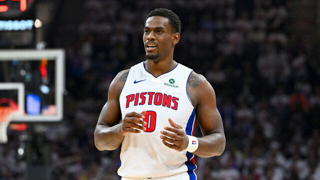 CLEVELAND, OHIO - MAY 09: Jalen Duren #0 of the Detroit Pistons waits during the fourth quarter of Game Three of the Second Round of the NBA Eastern Conference Playoffs against the Cleveland Cavaliers at Rocket Arena on May 09, 2026 in Cleveland, Ohio. The Cavaliers defeated the Pistons 116-109.