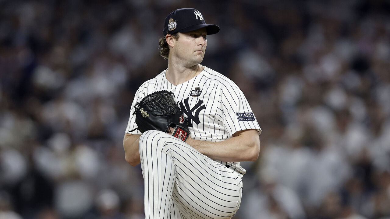 NEW YORK, NEW YORK - OCTOBER 30: (NEW YORK DAILIES OUT) Gerrit Cole #45 of the New York Yankees in action against the Los Angeles Dodgers during Game Five of the 2024 World Series at Yankee Stadium on October 30, 2024 in New York City. The Dodgers defeated the Yankees 7-6.
