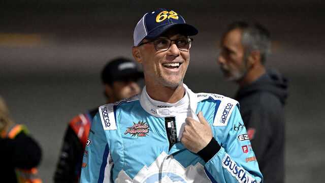 LAS VEGAS, NV - OCTOBER 18: Kevin Harvick (#62 Busch Lite Super Late Model) laughs with other drivers prior to the Star Nursery Classic during the Star Nursery Classic on October 18, 2024, at the Bullring at Las Vegas Motor Speedway in Las Vegas, NV.