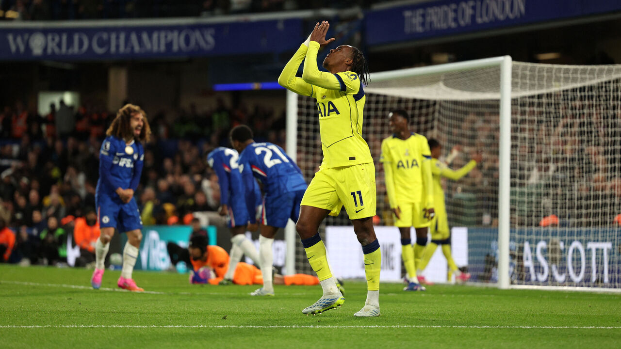 Tottenham Hotspur's French midfielder #11 Mathys Tel reacts after failing to score during the English Premier League football match between Chelsea and Tottenham Hotspur at Stamford Bridge in London on May 19, 2026. / RESTRICTED TO EDITORIAL USE. No use with unauthorized audio, video, data, fixture lists, club/league logos or 'live' services. Online in-match use limited to 120 images. An additional 40 images may be used in extra time. No video emulation. Social media in-match use limited to 120 images. An additional 40 images may be used in extra time. No use in betting publications, games or single club/league/player publications. /