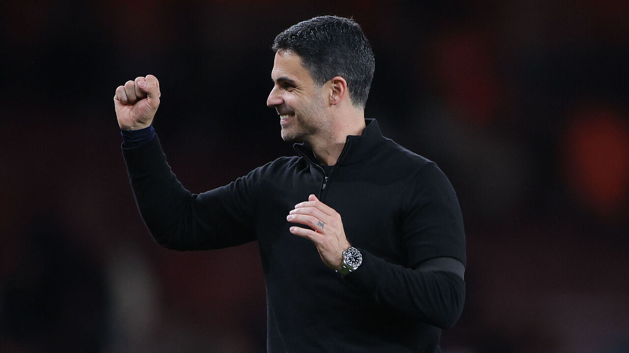 LONDON, ENGLAND - MAY 18: Mikel Arteta, head coach of Arsenal, celebrates during the Premier League match between Arsenal and Burnley at Emirates Stadium on May 18, 2026 in London, England.