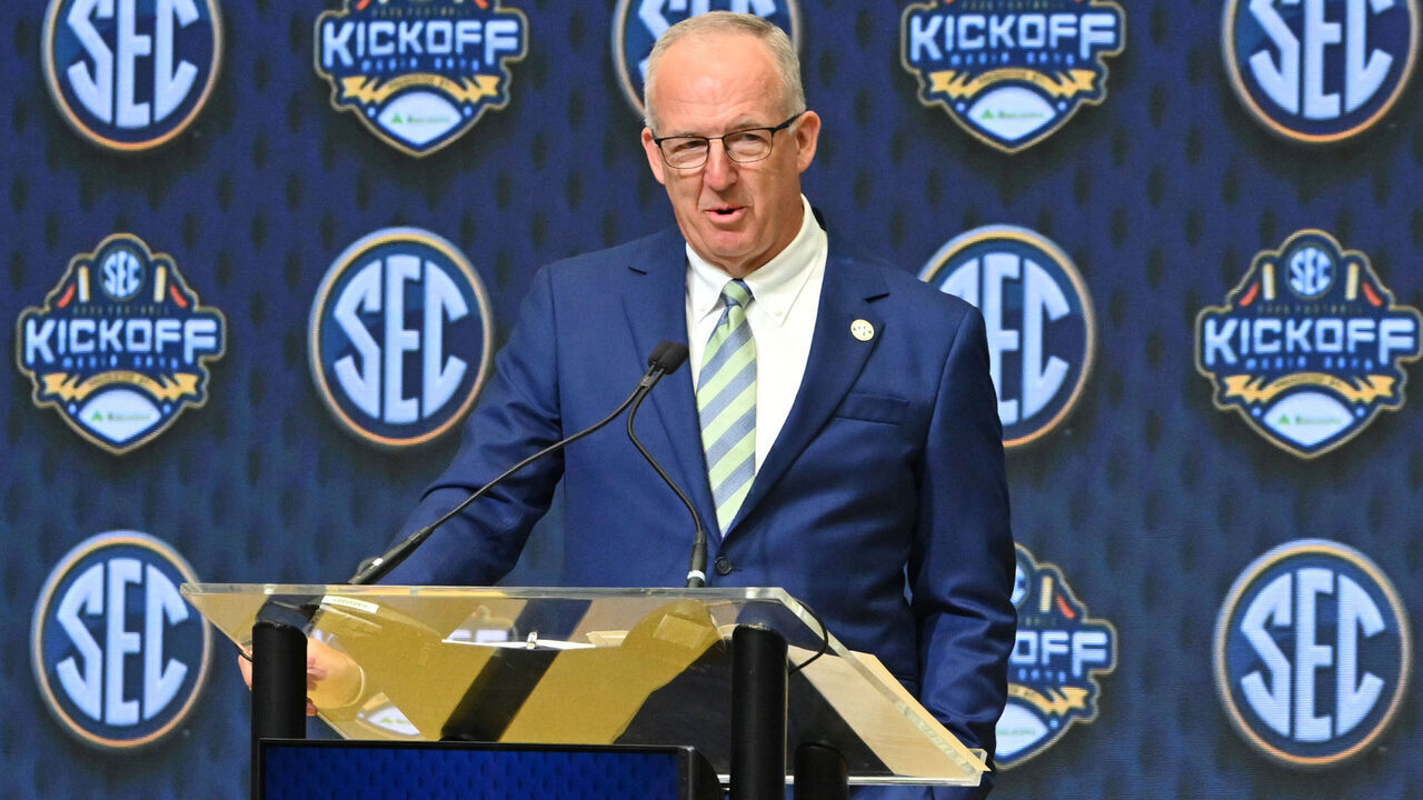 ATLANTA, GA - JULY 14: SEC Commissioner Greg Sankey addresses the media during SEC Football Media Days on July 14, 2025, at the College Football Hall of Fame in Atlanta, GA.