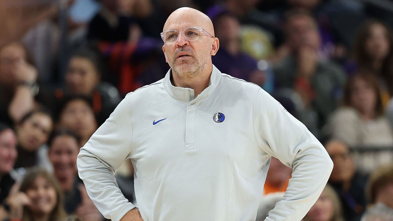 PHOENIX, ARIZONA - APRIL 08: Head coach Jason Kidd of the Dallas Mavericks reacts during the second half of the NBA game against the Phoenix Suns at Mortgage Matchup Center on April 08, 2026 in Phoenix, Arizona.